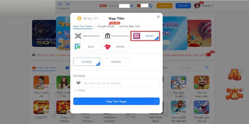 Ví Momo được nhiều game thủ dùng để chuyển tiền vào 78Win